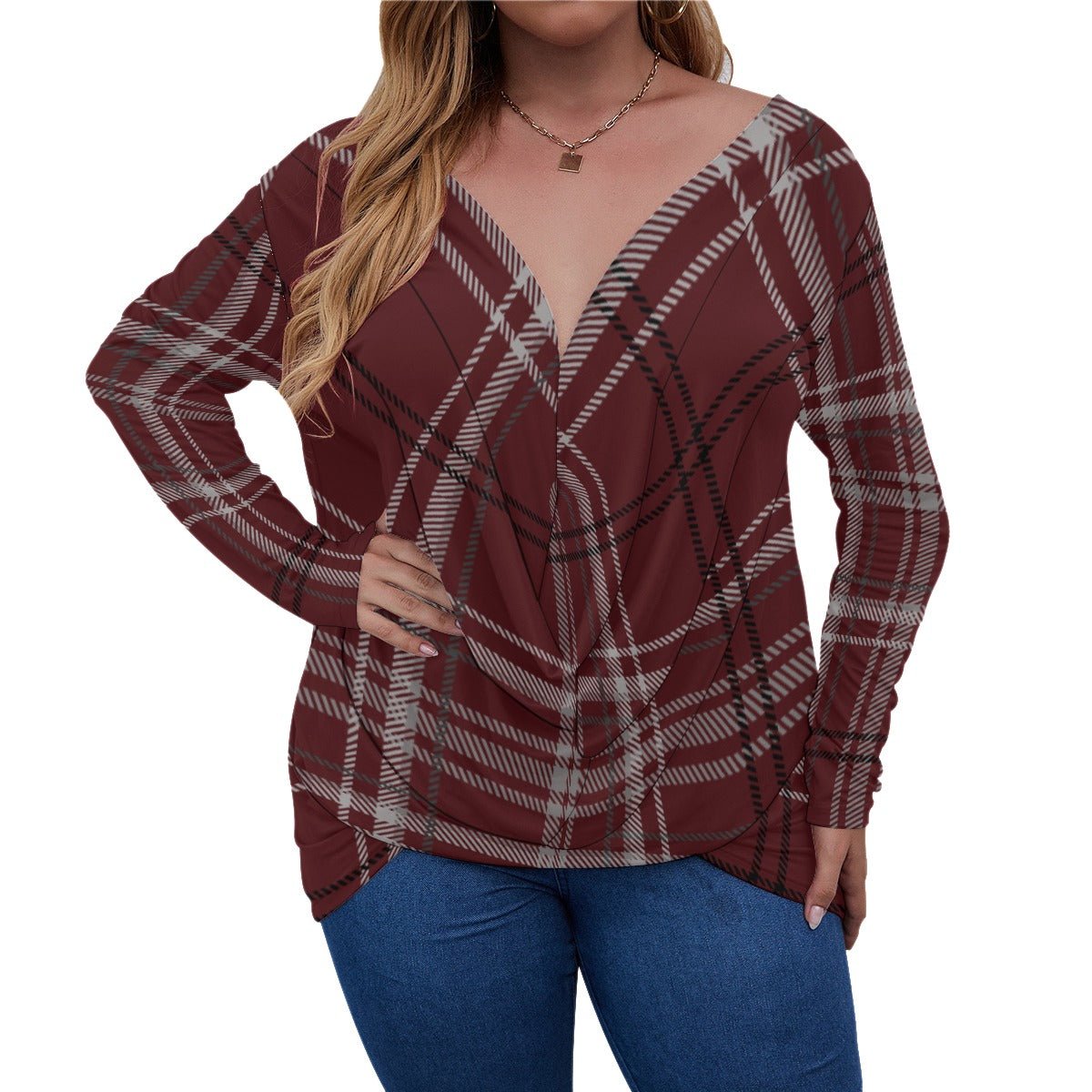 All-Over Print Women's V-neck Plus Draped Longline T-shirt With Long Sleeve (Plus Size) (Designed by Dunbi) - DunbiBeauty, LLC