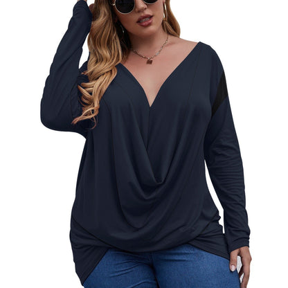 All-Over Print Women's V-neck Plus Draped Longline T-shirt With Long Sleeve (Plus Size) (Designed by Dunbi) - DunbiBeauty, LLC