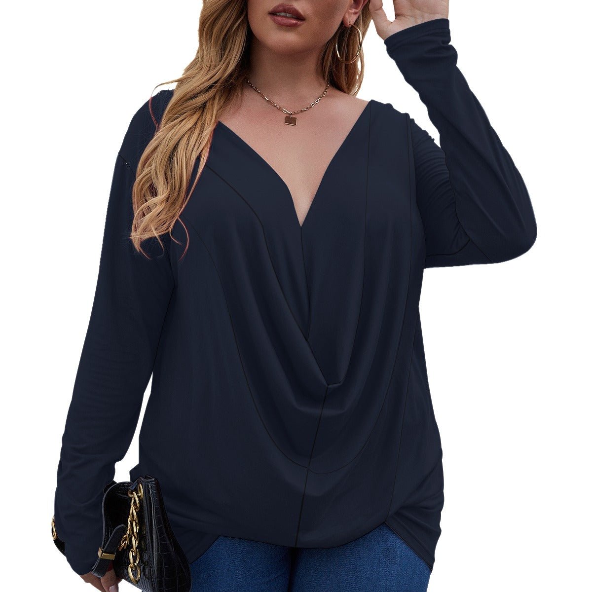 All-Over Print Women's V-neck Plus Draped Longline T-shirt With Long Sleeve (Plus Size) (Designed by Dunbi) - DunbiBeauty, LLC