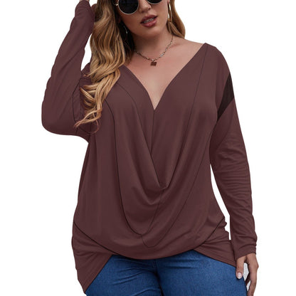 All-Over Print Women's V-neck Plus Draped Longline T-shirt With Long Sleeve (Plus Size) (Designed by Dunbi) - DunbiBeauty, LLC