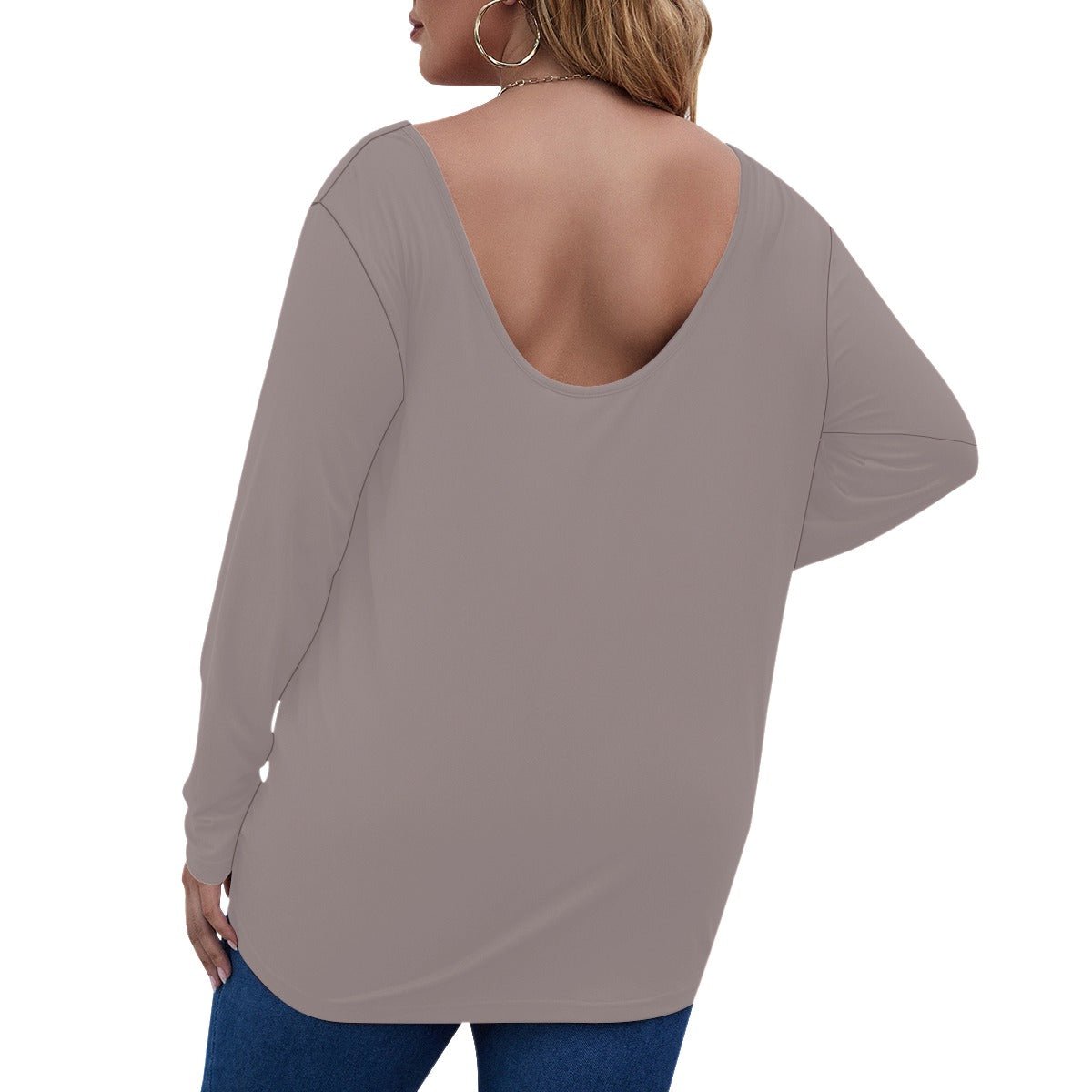 All-Over Print Women's V-neck Plus Draped Longline T-shirt With Long Sleeve (Plus Size) (Designed by Dunbi) - DunbiBeauty, LLC