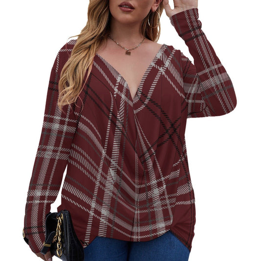 All-Over Print Women's V-neck Plus Draped Longline T-shirt With Long Sleeve (Plus Size) (Designed by Dunbi) - DunbiBeauty, LLC