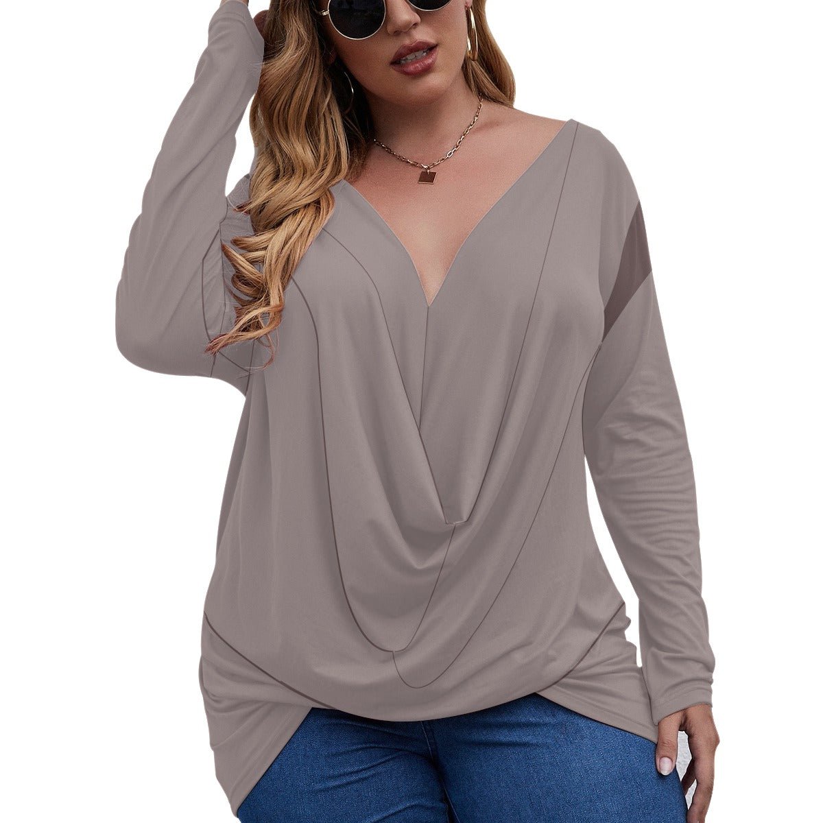 All-Over Print Women's V-neck Plus Draped Longline T-shirt With Long Sleeve (Plus Size) (Designed by Dunbi) - DunbiBeauty, LLC