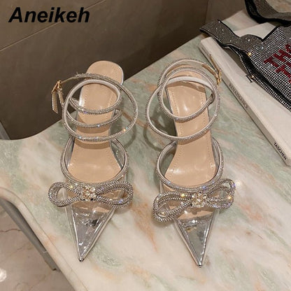 Aneikeh Women's Butterfly-Knot Narrow Band Bling Cross-Tied Crystal Pointed Toe Pumps - DunbiBeauty, LLC