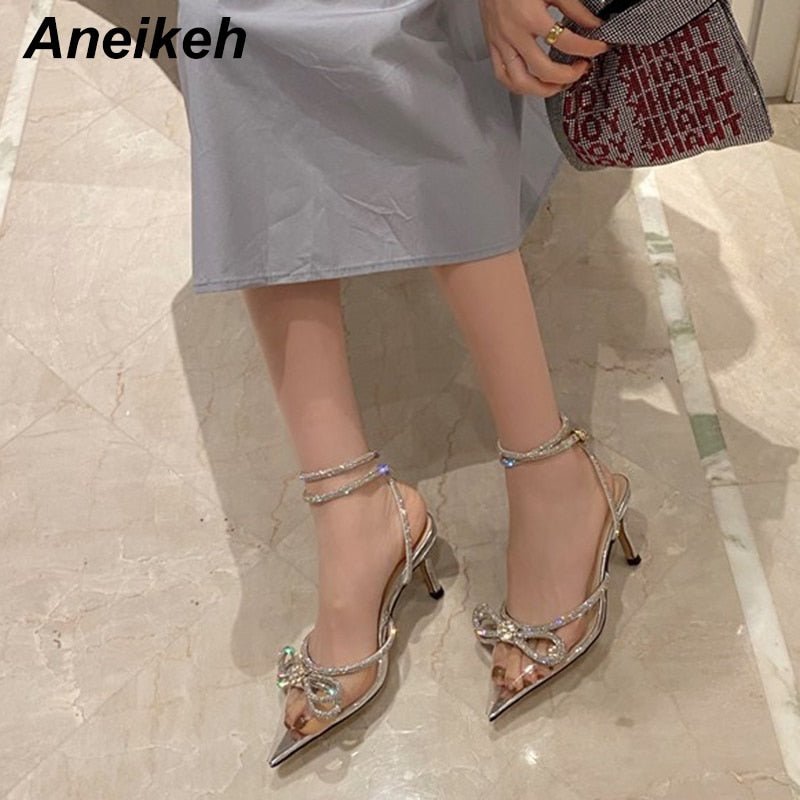 Aneikeh Women's Butterfly-Knot Narrow Band Bling Cross-Tied Crystal Pointed Toe Pumps - DunbiBeauty, LLC