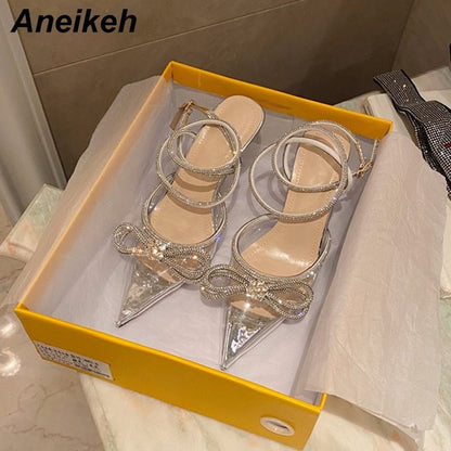 Aneikeh Women's Butterfly-Knot Narrow Band Bling Cross-Tied Crystal Pointed Toe Pumps - DunbiBeauty, LLC