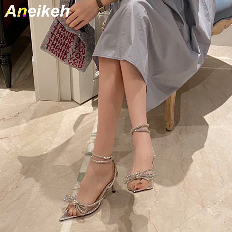 Aneikeh Women's Butterfly-Knot Narrow Band Bling Cross-Tied Crystal Pointed Toe Pumps - DunbiBeauty, LLC