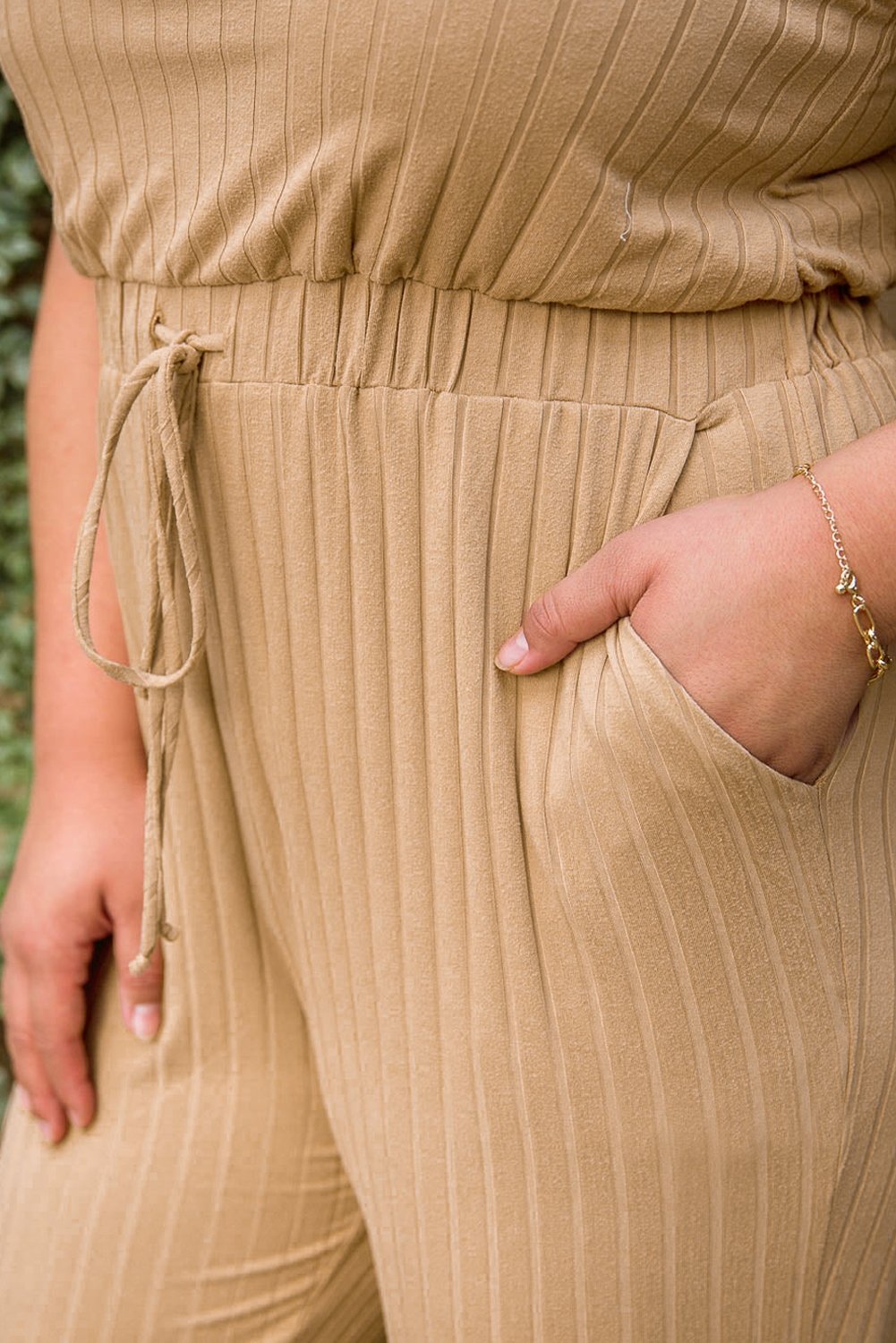 Apricot Ribbed Drawstring Waist Plus Size Sleeveless Jumpsuit - DunbiBeauty, LLC