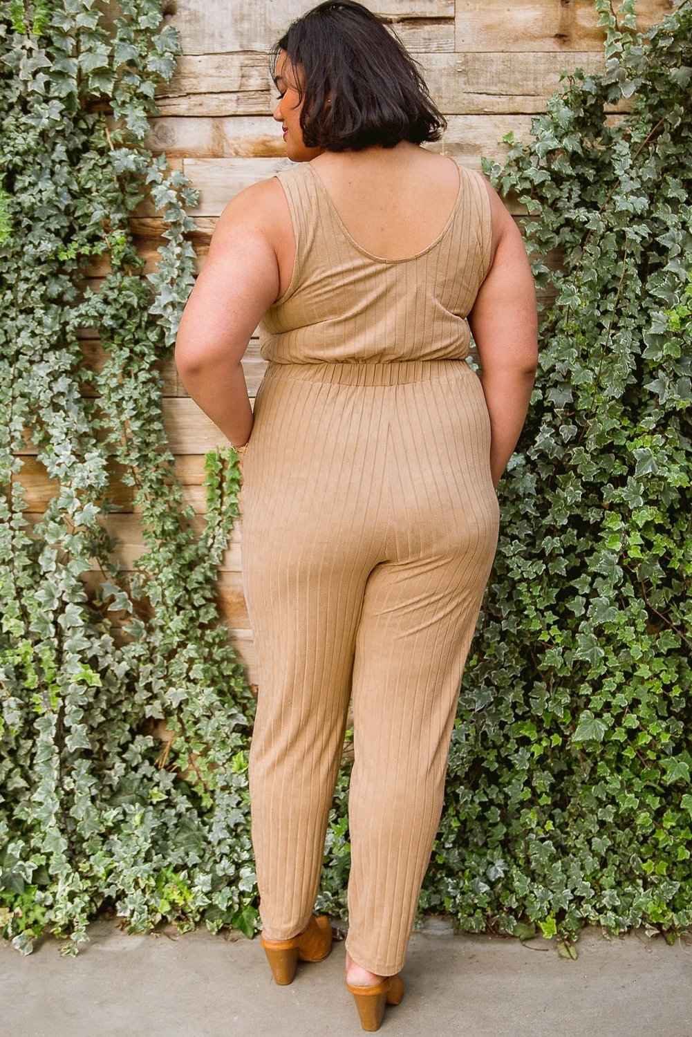 Apricot Ribbed Drawstring Waist Plus Size Sleeveless Jumpsuit - DunbiBeauty, LLC