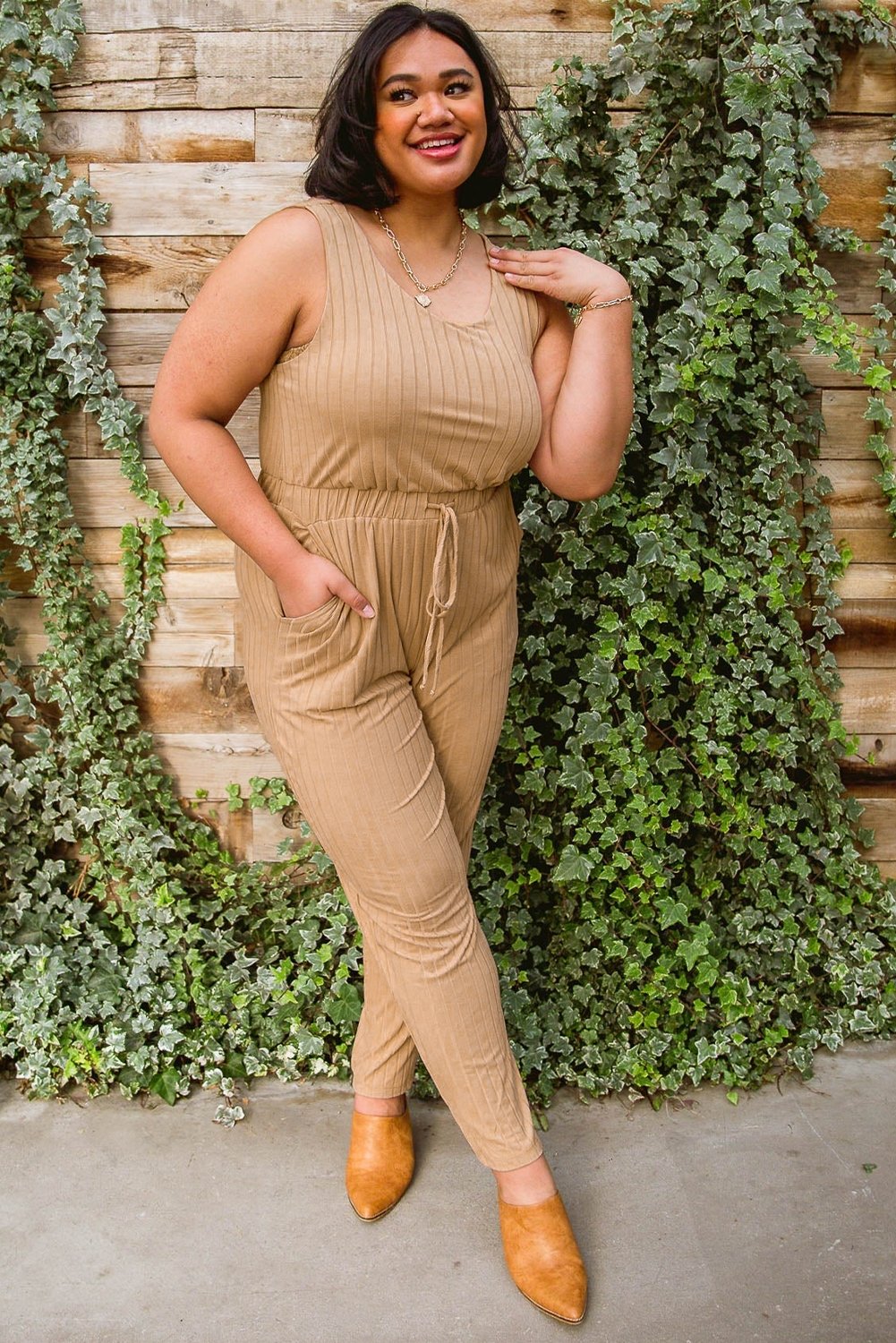 Apricot Ribbed Drawstring Waist Plus Size Sleeveless Jumpsuit - DunbiBeauty, LLC