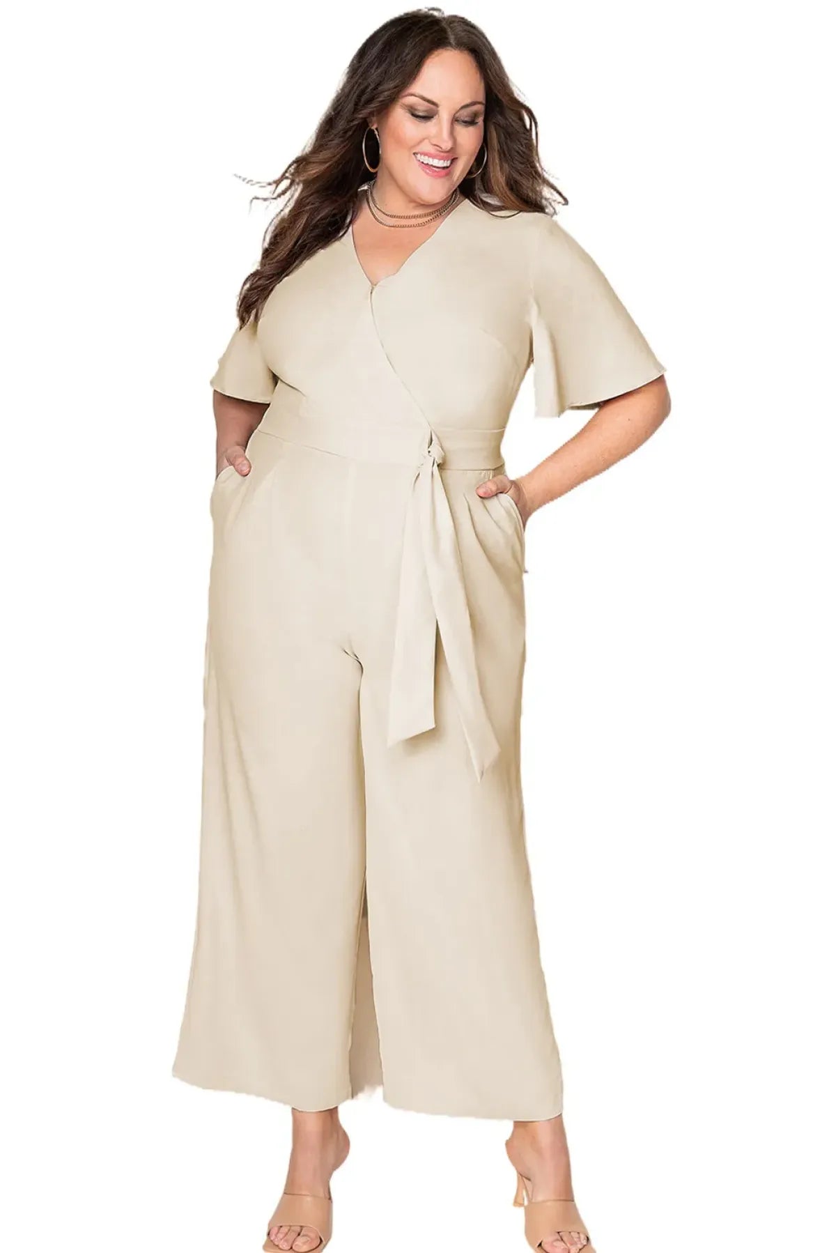 Apricot V Neck Tie Knot High Waist Plus Size Jumpsuit - DunbiBeauty, LLC