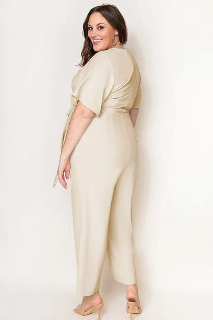 Apricot V Neck Tie Knot High Waist Plus Size Jumpsuit - DunbiBeauty, LLC