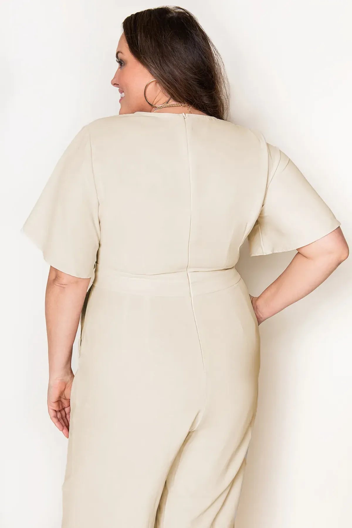 Apricot V Neck Tie Knot High Waist Plus Size Jumpsuit - DunbiBeauty, LLC