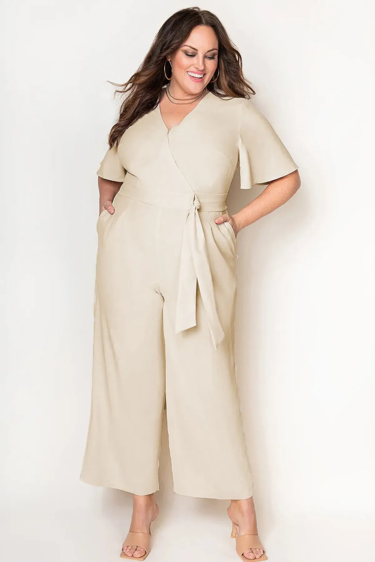 Apricot V Neck Tie Knot High Waist Plus Size Jumpsuit - DunbiBeauty, LLC