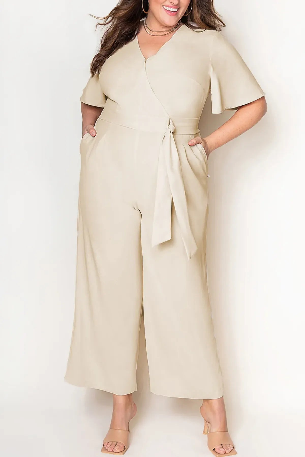 Apricot V Neck Tie Knot High Waist Plus Size Jumpsuit - DunbiBeauty, LLC