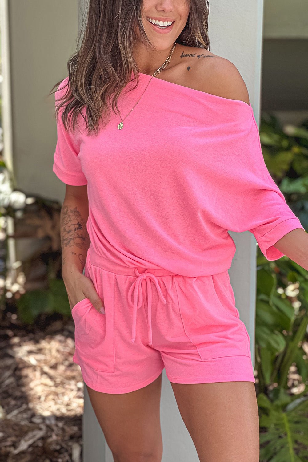 Asymmetrical Short Sleeves Drawstring Pocket Romper - DunbiBeauty, LLC