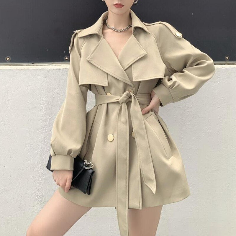 Autumn Winter Khaki Women's Trench Coat Sashes Fashion Lantern Sleeve Double Breasted Casual Office OL Windbreaker - DunbiBeauty, LLC