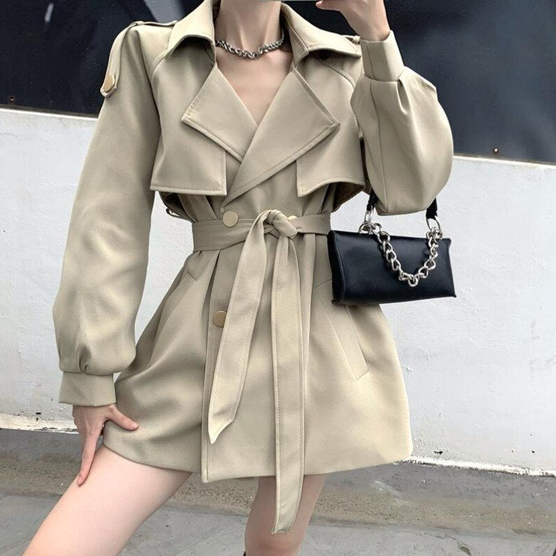 Autumn Winter Khaki Women's Trench Coat Sashes Fashion Lantern Sleeve Double Breasted Casual Office OL Windbreaker - DunbiBeauty, LLC