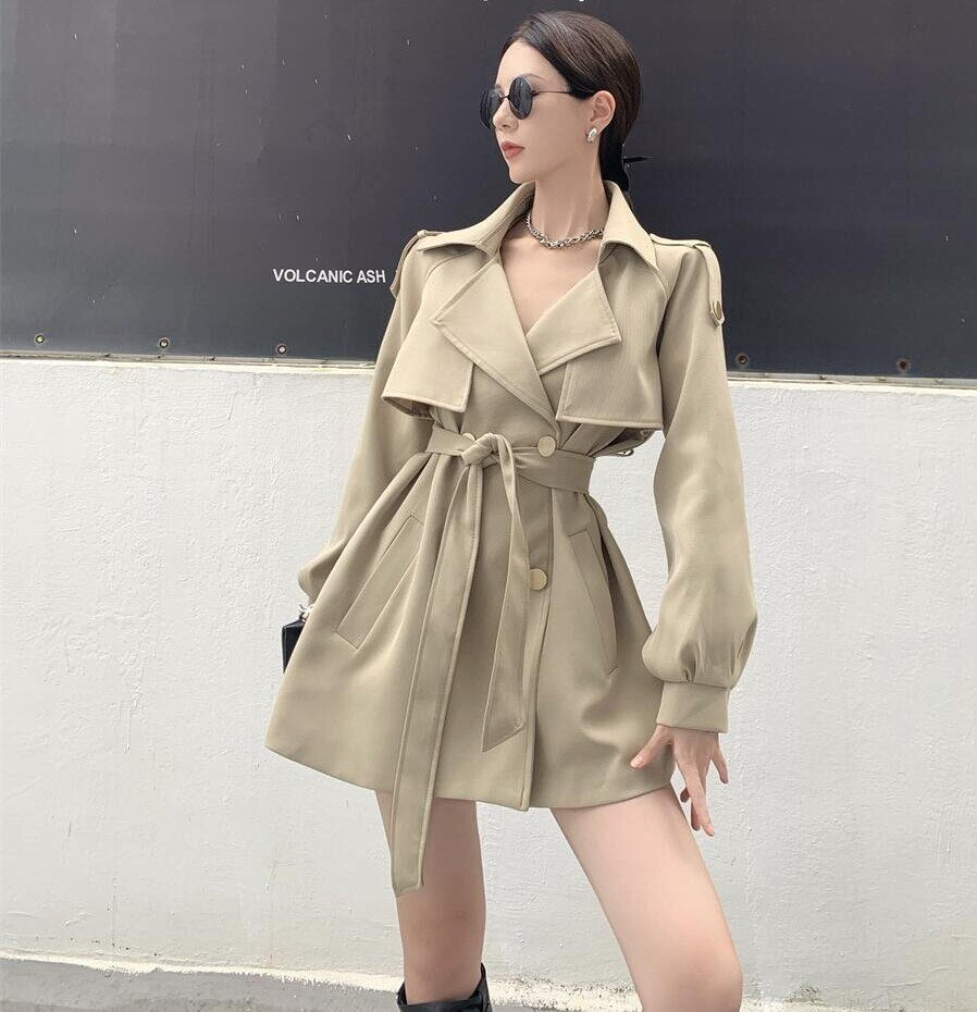 Autumn Winter Khaki Women's Trench Coat Sashes Fashion Lantern Sleeve Double Breasted Casual Office OL Windbreaker - DunbiBeauty, LLC