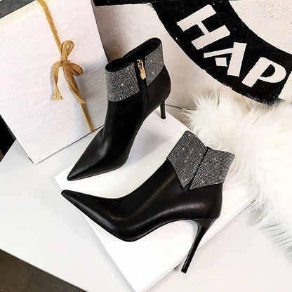 Autumn Winter Women Boots zip High Heels Boots Fashion Sexy Pointed Toe Ankle Boots High Heels Botas Mujer Crystal Booties - DunbiBeauty, LLC