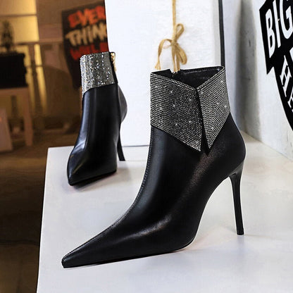 Autumn Winter Women Boots zip High Heels Boots Fashion Sexy Pointed Toe Ankle Boots High Heels Botas Mujer Crystal Booties - DunbiBeauty, LLC