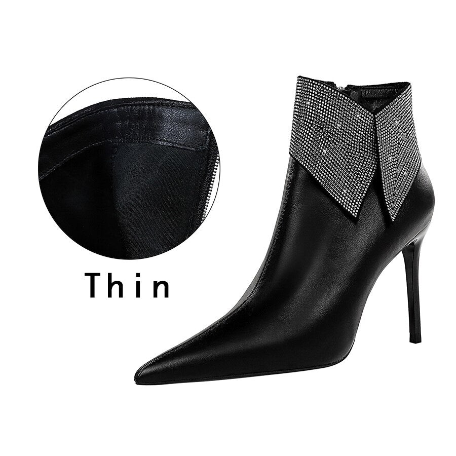 Autumn Winter Women Boots zip High Heels Boots Fashion Sexy Pointed Toe Ankle Boots High Heels Botas Mujer Crystal Booties - DunbiBeauty, LLC