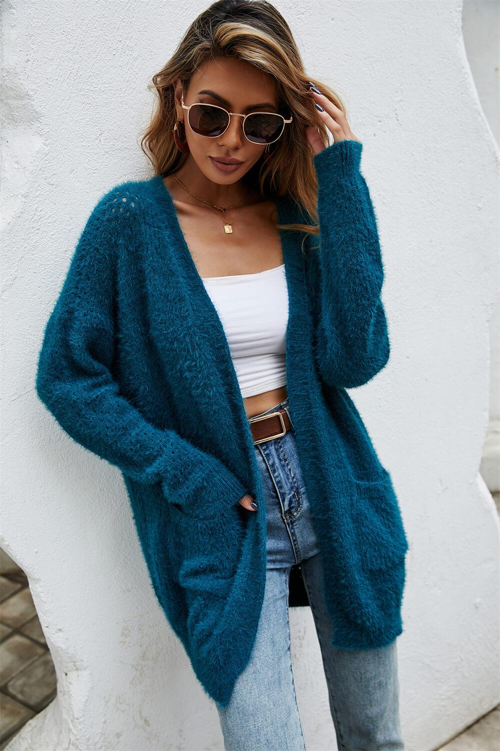 Open Front Openwork Fuzzy Cardigan with Pockets Trendsi