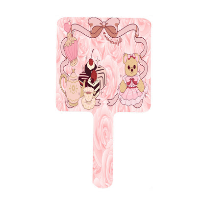 Handle Square Mirror｜Rubber Cute Teddy Bear, Tea Party, Ribbon, Bows, Cakes, Cute, Victorian, Doll, Cute Girl, Pink Style 2, Roses (Designed by Dunbi)