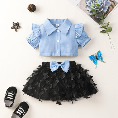 Ruffle Shoulder Shirt and Butterfly Applique Skirt Set