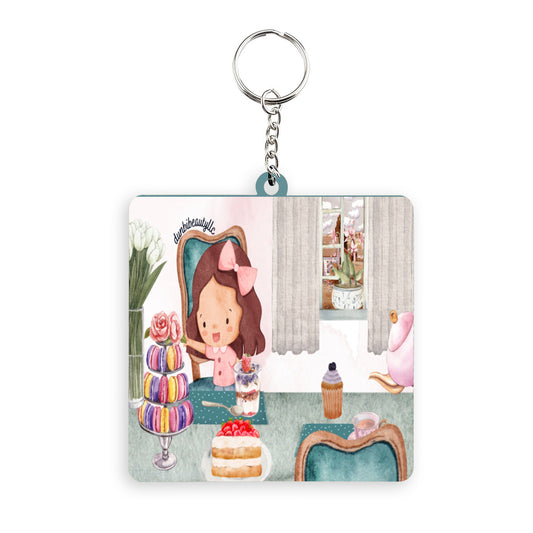 Wooden square keychain (double-sided design) | MDF -Tea Party, Happy, Cute, Cake, Macarons, Cupcake, Tea, Snacks, Party, Bow, Parfait, Dessert (Designed by Dunbi)