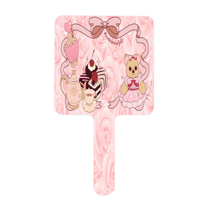 Handle Square Mirror｜Rubber Cute Teddy Bear, Tea Party, Ribbon, Bows, Cakes, Cute, Victorian, Doll, Cute Girl, Pink Style 2, Roses (Designed by Dunbi)