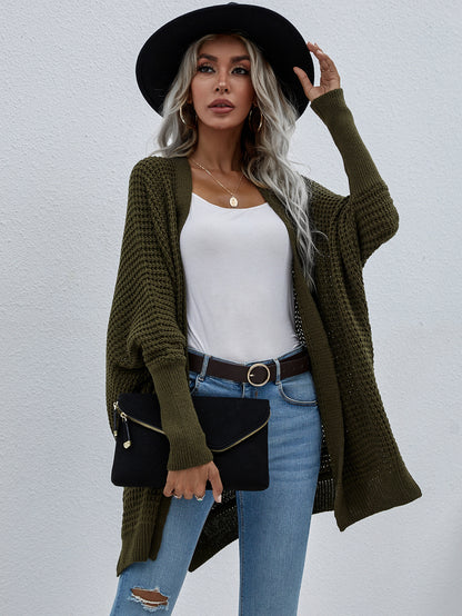 Waffle Knit Open Front Cardigan Trendsi