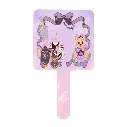 Handle Square Mirror｜Rubber - Cute Teddy Bear, Tea Party, Ribbon, Bows, Cakes, Cute, Victorian, Doll, Cute Girl, Purple Style 2, Pastel Galaxy (Designed by Dunbi)