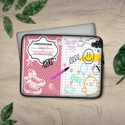 Laptop Padded Lined Bag｜Polyester - Back to School, Composition Notebook Style, Doodles, Scribbles, Writing, Girl, Pink (Designed by Dunbi)