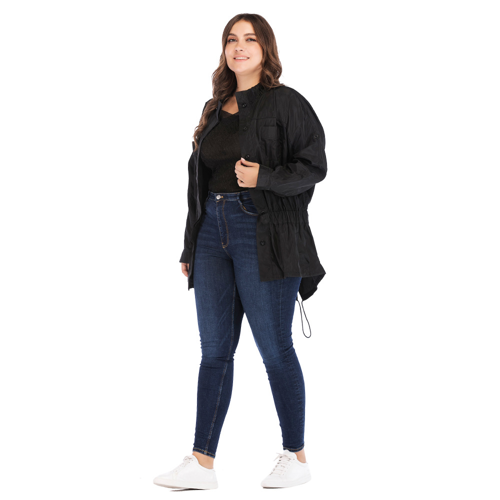 Plus Size Mock Neck Single-Breasted Cinched Waist Jacket Kiwidrop