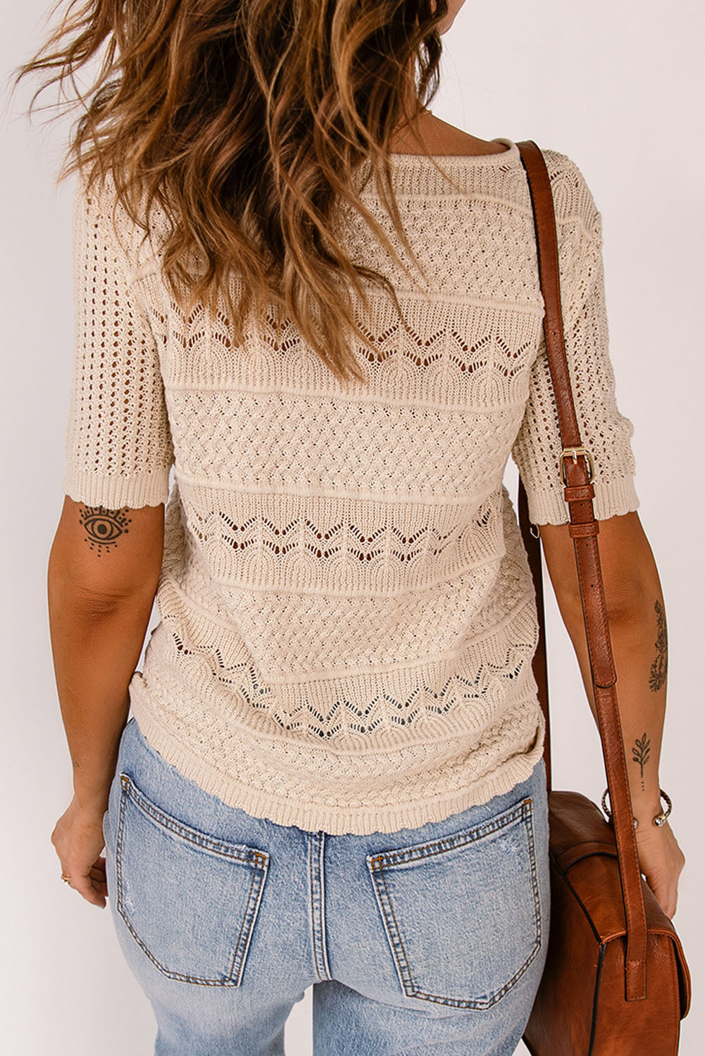 Short Sleeve Openwork Knit Sweater Trendsi