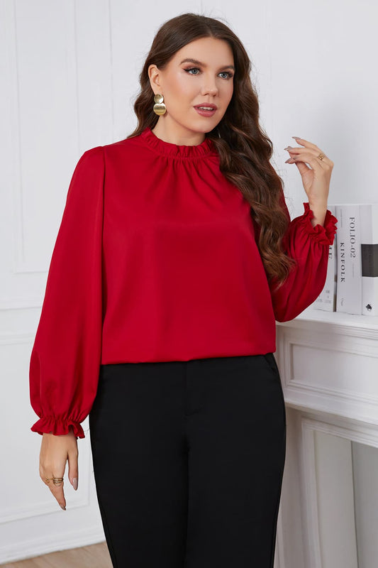 Plus Size Frill Trim Flounce Sleeve Round Neck Blouse