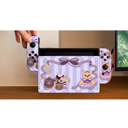 Nintendo Switch Game Console Stickers ｜PVC -Cute Teddy Bear, Tea Party, Ribbon, Bows, Cakes, Cute, Victorian, Doll, Cute Girl, Purple Style 1, Stripes (Designed by Dunbi)