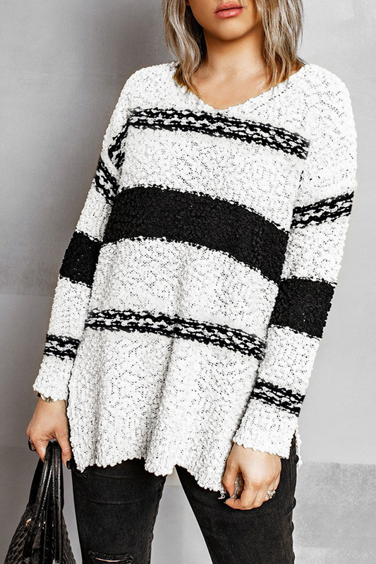 Striped Colorblock V Neck Long Sleeve Knitted Sweater Kiwidrop