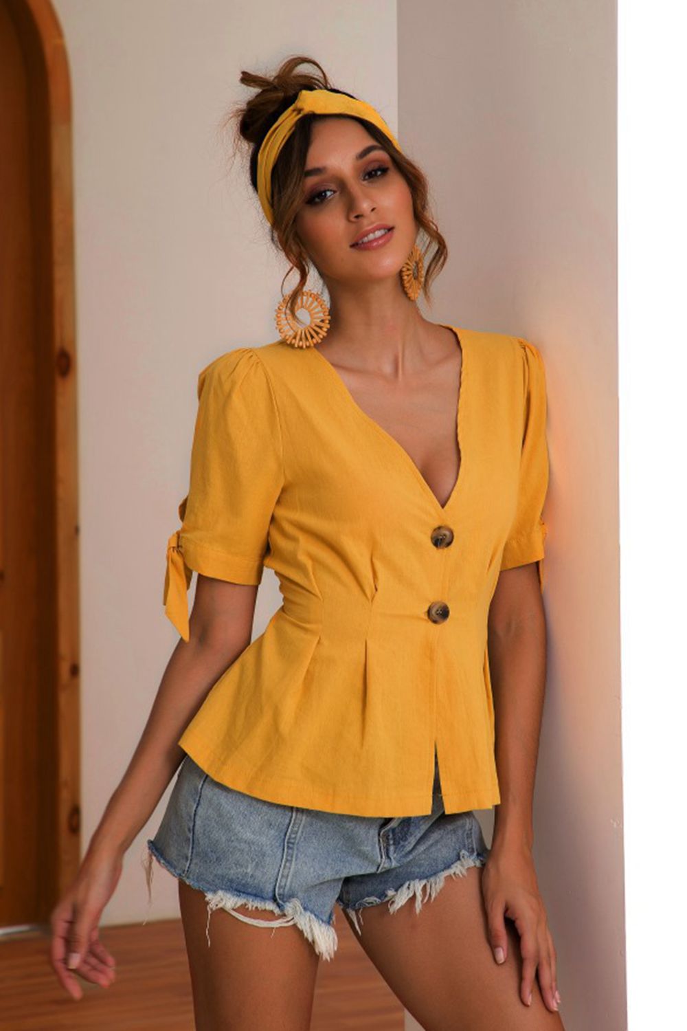 Buttoned V-Neck Short Sleeve Blouse