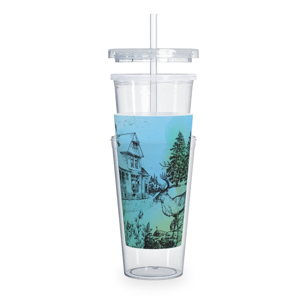 There's a Deer in the Garden Plastic Tumbler with Straw Printify