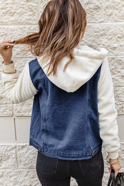 Two-Tone Spliced Denim Sherpa Hooded Jacket Trendsi