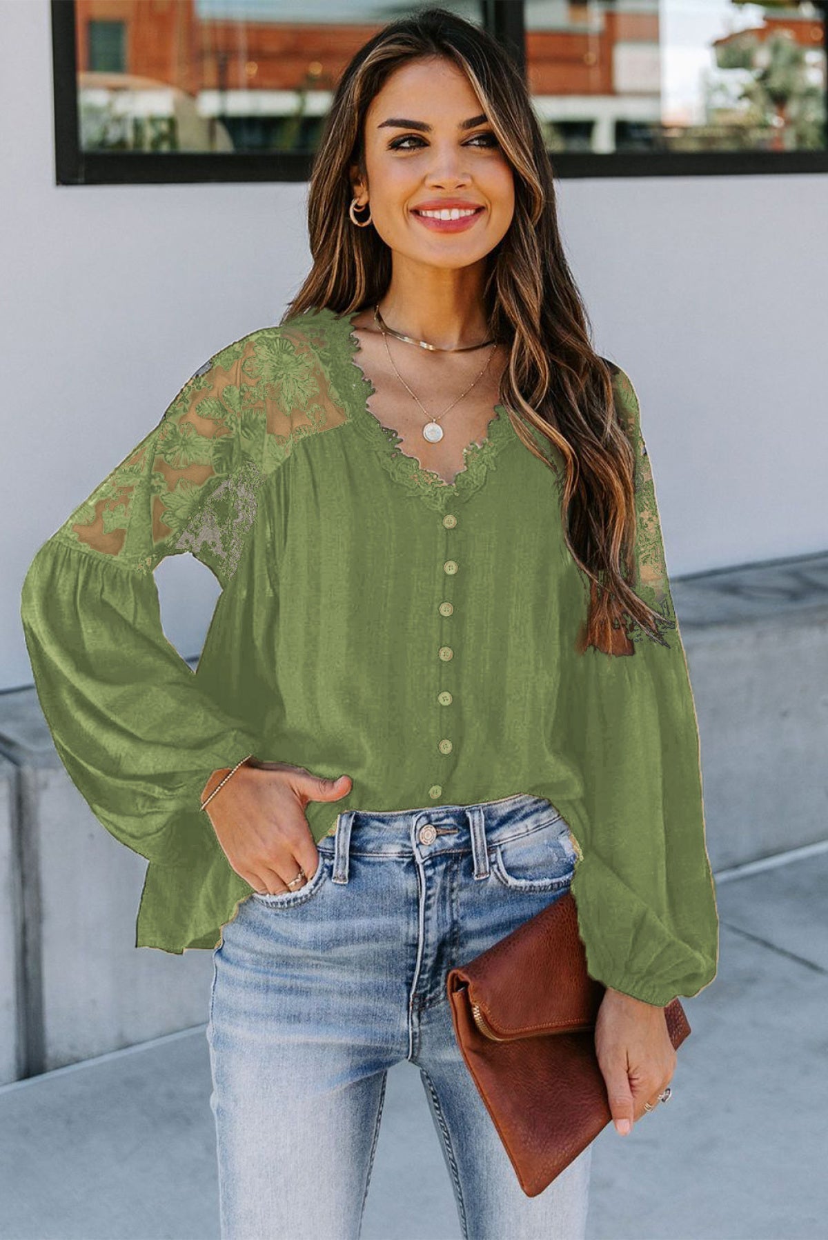 V Neckline Lace Shoulder Patchwork Blouse Kiwidrop