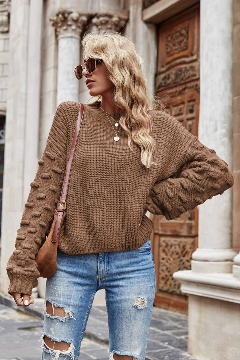 Weekend Style Rib-Knit Dropped Shoulder Sweater Trendsi