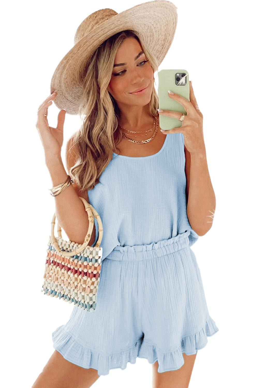 Sky Blue Textured U Neck Tank Top And High Waist Shorts Set Kiwidrop