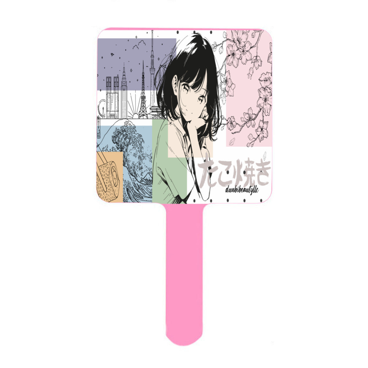 Handle Square Mirror｜Rubber -Japanese, Japan, Girl, Kawaii, Cute, Anime, Manga Style, Peace, Sushi, Tokyo, Cherry Blossoms (Designed by Dunbi)