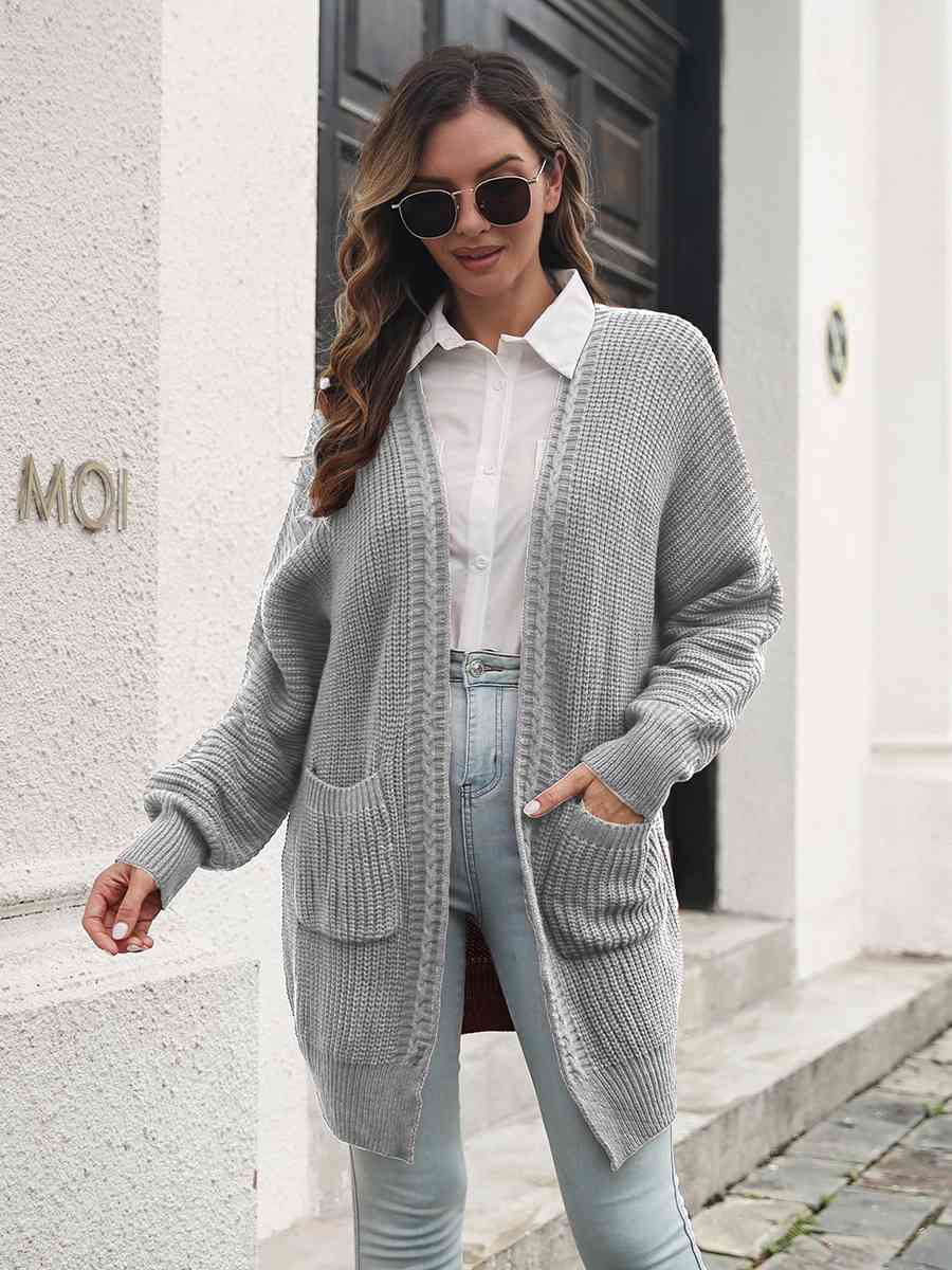 Open Front Rib-Knit Cardigan with Pockets