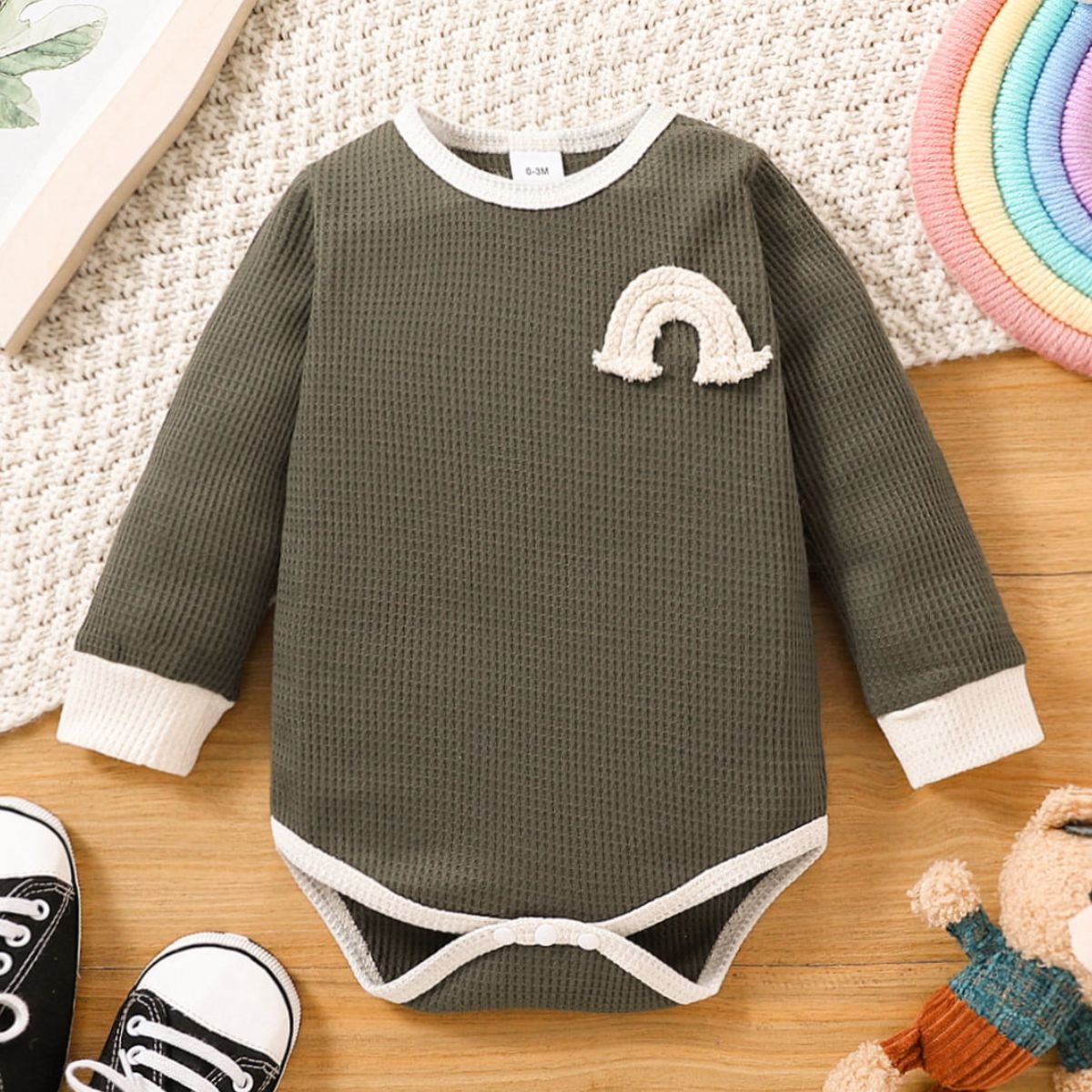 Baby Contrast Trim Waffle-Knit Long Sleeve Bodysuit - DunbiBeauty, LLC