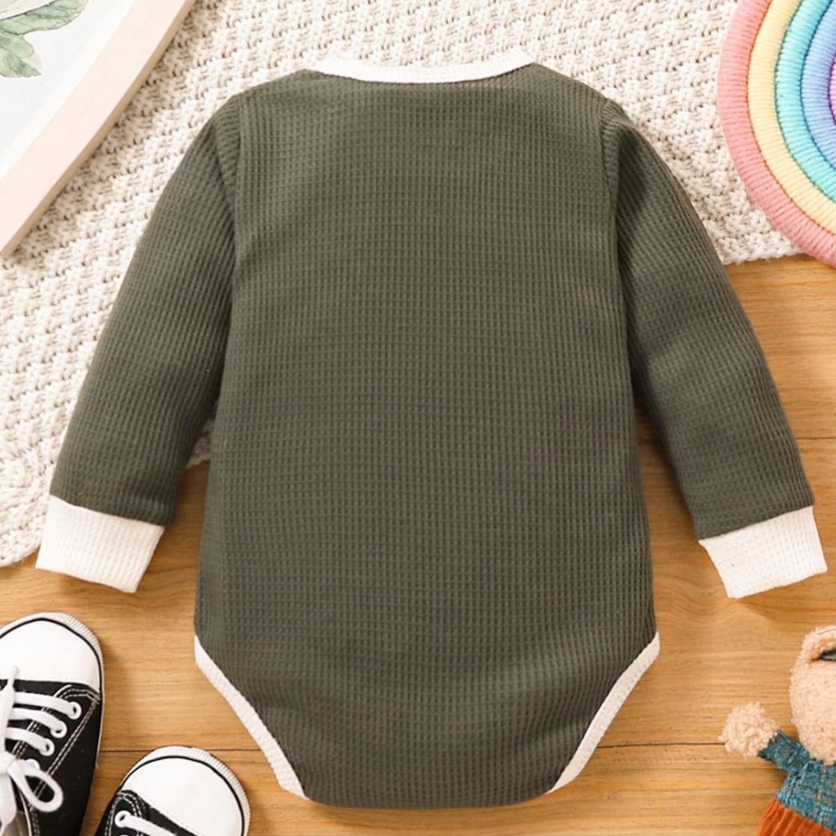 Baby Contrast Trim Waffle-Knit Long Sleeve Bodysuit - DunbiBeauty, LLC