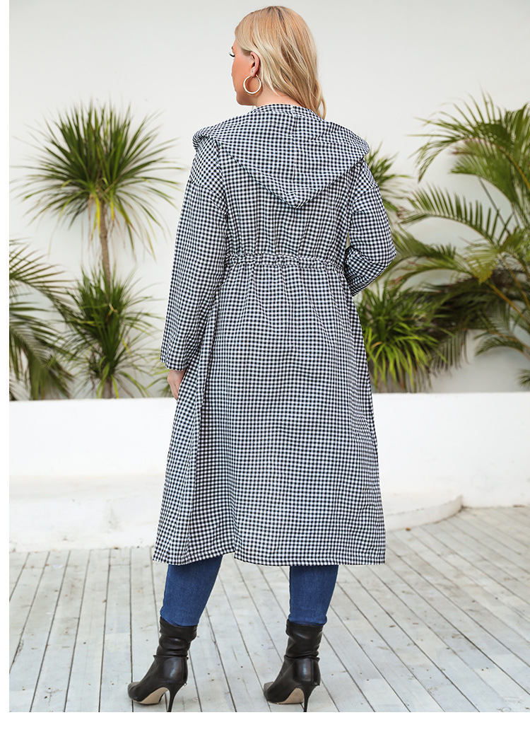 Plus Size Plaid Belted Hooded Long Coat Kiwidrop